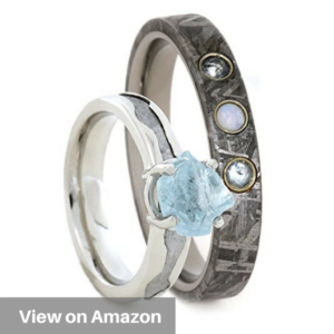 Aquamarine, Gibeon Meteorite White Gold Ring and Opal, Aquamarine, Gibeon Meteorite Titanium Band, Couple Wedding Set, Meteorite Ring